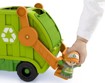 a toy recycling waste collection truck and toy waste worker held by a child's hand